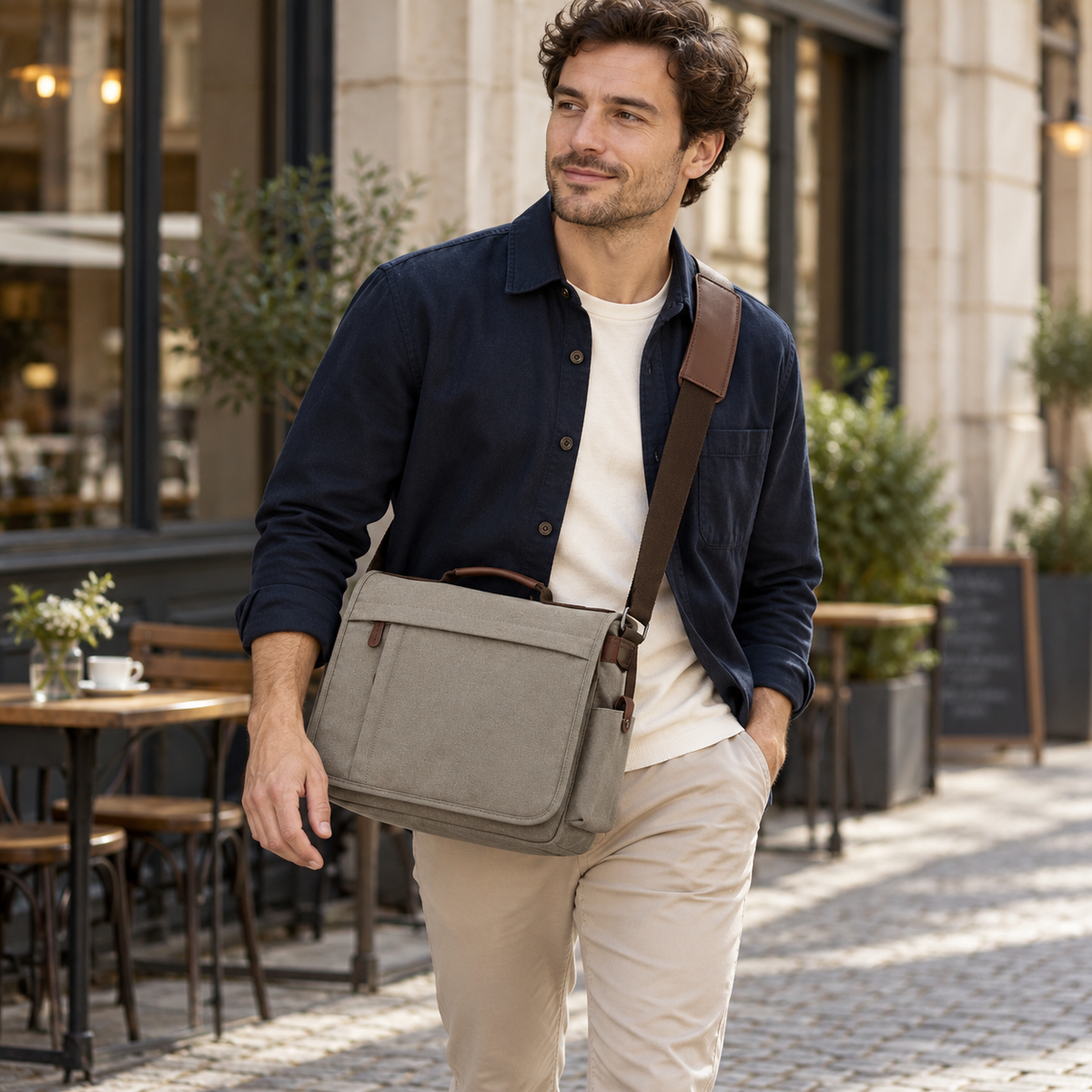 Canvas-Umhängetasche mit Laptopfach und Schultergurt | TANTOMI